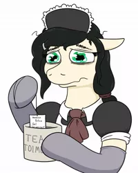 Size: 847x1058 | Tagged: safe, artist:jargon scott, derpibooru import, oc, oc:floor bored, unofficial characters only, earth pony, pony, bust, clothes, crying, female, floppy ears, hoof hold, image, jpeg, maid, mare, mug, silica gel, simple background, solo, this will end in death, wavy mouth, white background