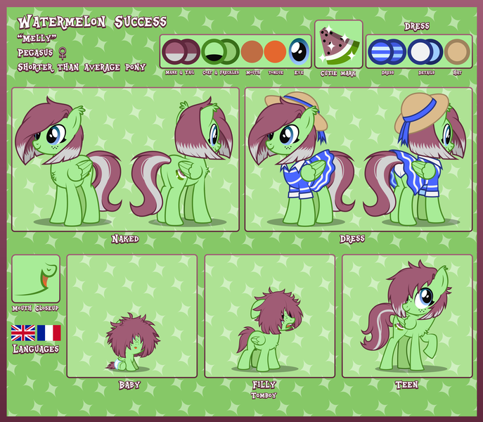 Size: 8389x7323 | Tagged: safe, artist:lightning stripe, derpibooru import, oc, oc:watermelon success, unofficial characters only, pegasus, pony, 2021, 3/4 view, :p, absurd resolution, blue eyes, bob cut, butt, chest fluff, clothes, collar, commission, covered eyes, cute, cutie mark, derpibooru exclusive, diaper, dress, ear fluff, female, female symbol, filly, floppy ears, foal, folded wings, freckles, french flag, front view, green background, hair over eyes, hair over one eye, hat, image, mare, messy mane, ocbetes, open mouth, panties, patterned background, pegasus oc, plot, png, raised hoof, rear view, red mane, reference sheet, ribbon, show accurate, simple background, sitting, skirt, smiling, solo, tail, technically an upskirt shot, teenager, text, tomboy, tongue out, tooth gap, transparent background, two toned mane, two toned tail, underwear, union flag, union jack, upskirt, vector, white underwear, wings