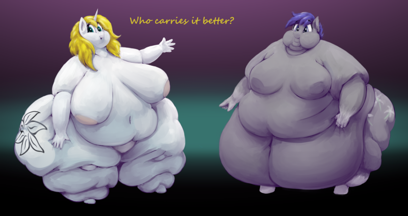 Size: 3392x1796 | Tagged: questionable, artist:lupin quill, derpibooru import, oc, oc:midnight blossom, oc:snow veil, unofficial characters only, anthro, unguligrade anthro, anthro oc, areola, bbw, belly, belly button, belly grab, big belly, big breasts, bingo wings, breasts, butt, chubby cheeks, dialogue, erect nipples, fat, fat fetish, feedee, female, females only, fetish, fupa, huge breasts, huge butt, hyper, hyper breasts, image, impossibly large breasts, impossibly large butt, large butt, lineless, looking at you, morbidly obese, multichin, nipples, nudity, obese, png, rolls of fat, simple background, ssbbw, talking to viewer, thighs, thunder thighs