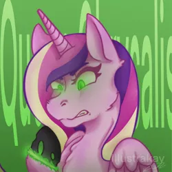 Size: 1080x1080 | Tagged: safe, artist:illustra_kay, derpibooru import, princess cadance, queen chrysalis, canterlot wedding 10th anniversary, disguise, disguised changeling, fake cadance, glow, glowing eyes, gritted teeth, image, jpeg, solo, teeth, transformation