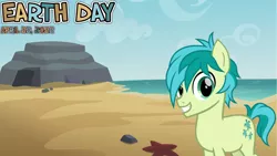 Size: 2064x1161 | Tagged: safe, artist:cheezedoodle96, artist:not-yet-a-brony, derpibooru import, edit, sandbar, earth pony, 2022, april, beach, earth day, image, ocean, png, smiling, water