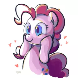 Size: 1024x1024 | Tagged: safe, artist:kukie, derpibooru import, pinkie pie, earth pony, pony, blue eyes, cute, diapinkes, eyelashes, female, half body, heart, hooves, hooves on cheeks, hooves on face, image, looking forward, mare, png, signature, simple background, smiling, solo, squishy cheeks, tail, white background