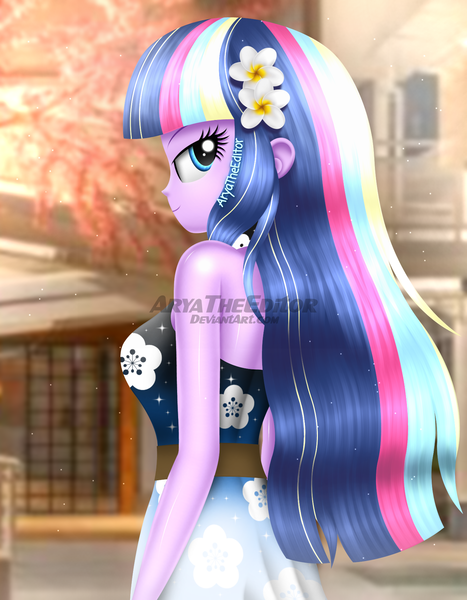 Size: 1400x1800 | Tagged: safe, artist:aryatheeditor, derpibooru import, oc, oc:nightfall sparkle, equestria girls, bare shoulders, beautiful, clothes, cute, daughter, digital art, dress, female, flower, flower in hair, halter, hotel, image, outfit, png, purple hair, real life background, rear view, sleeveless, sleeveless dress, sleeveless turtleneck, smiling, tack