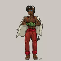 Size: 5333x5333 | Tagged: safe, artist:ghouleh, derpibooru import, oc, unofficial characters only, anthro, unicorn, boxing, clothes, coat, freckles, image, male, partial nudity, png, scar, smiling, solo, sports, suspenders, topless