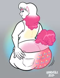 Size: 2550x3300 | Tagged: suggestive, artist:hornbuckle, derpibooru import, pinkie pie, oc, oc:rachel, anthro, earth pony, human, series:lovethetf, bubble berry, butt, butt grab, butt touch, buttcheeks, buttcrack, chubby, chubby cheeks, clothes, colored lineart, fat, female to male, grope, growth, human oc, human to anthro, image, large butt, png, raised tail, rule 63, solo, tail, transformation, transformation sequence, transforming clothes, transgender transformation, weight gain, weight gain sequence