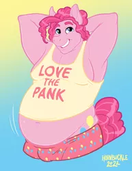 Size: 2550x3300 | Tagged: safe, artist:hornbuckle, derpibooru import, pinkie pie, anthro, earth pony, series:lovethetf, armpits, belly, belly button, bubble berry, chubby, chubby cheeks, clothes, colored lineart, crotch bulge, cutie mark, fat, female to male, human to anthro, image, male, moobs, png, rule 63, solo, transformation, transformation sequence, transgender transformation, weight gain, weight gain sequence