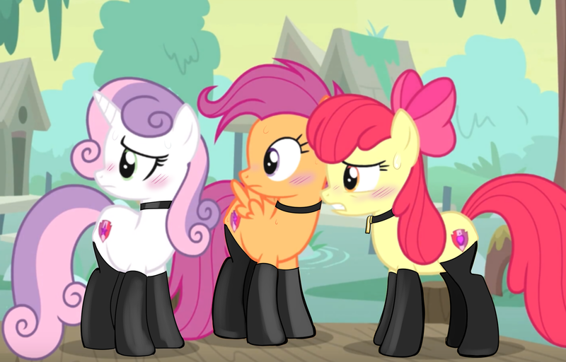 Size: 2027x1297 | Tagged: safe, artist:anonymous, derpibooru import, edit, edited screencap, screencap, apple bloom, scootaloo, sweetie belle, earth pony, pegasus, pony, unicorn, growing up is hard to do, blushing, choker, clothes, cutie mark crusaders, female, image, latex, latex socks, mare, older, older apple bloom, older cmc, older scootaloo, older sweetie belle, pet tag, png, socks, sweat