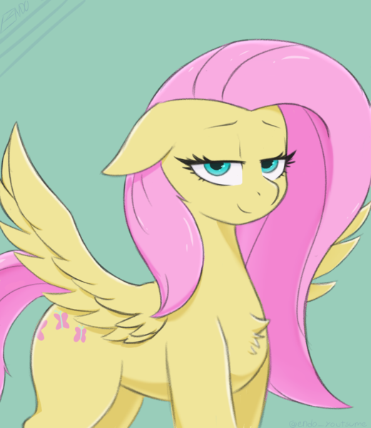 Size: 3500x4039 | Tagged: safe, artist:endo, derpibooru import, fluttershy, pegasus, chest fluff, female, floppy ears, image, looking at you, png, simple background, smiling, smug, solo, solo female, wings