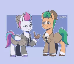 Size: 1921x1663 | Tagged: safe, artist:agfavio, derpibooru import, hitch trailblazer, zipp storm, earth pony, pegasus, pony, my little pony: a new generation, clothes, detective, female, g5, hitchzipp, image, male, png, shipping, straight, suit