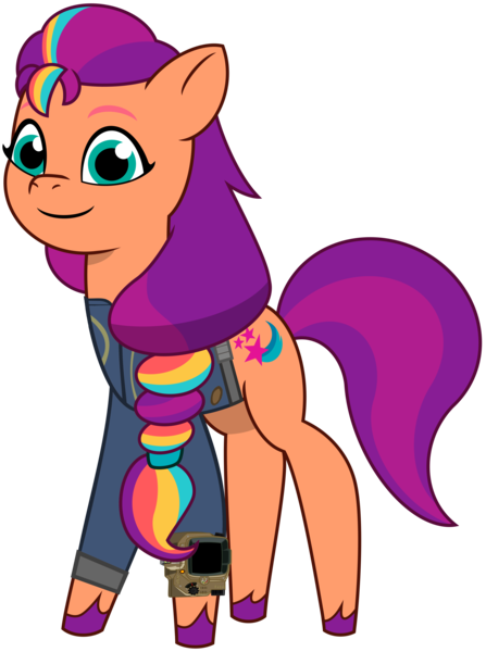 Size: 3765x5049 | Tagged: safe, artist:ponygamer2020, derpibooru import, sunny starscout, earth pony, pony, fallout equestria, my little pony: tell your tale, absurd resolution, clothes, fallout, female, g5, hooves, image, jumpsuit, looking at you, mare, pipboy, png, simple background, smiling, smiling at you, solo, standing, tail, transparent background, unshorn fetlocks, vault suit, vector