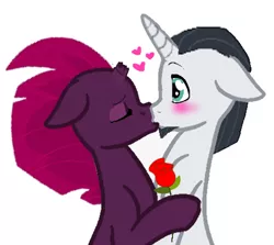 Size: 486x434 | Tagged: safe, artist:decokelow, artist:secret monsters, derpibooru import, chancellor neighsay, fizzlepop berrytwist, tempest shadow, pony, unicorn, blushing, eyes closed, eyeshadow, female, flower, heart, image, kissing, makeup, male, mare, png, rose, shipping, shocked, shocked expression, shocked eyes, sitting, stallion, straight