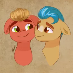 Size: 3189x3189 | Tagged: safe, artist:artharuhi, derpibooru import, hitch trailblazer, sprout cloverleaf, earth pony, pony, bust, cute, duo, g5, gay, hitchbetes, hitchsprout, image, jpeg, male, markings, shipping, sproutbetes, stallion