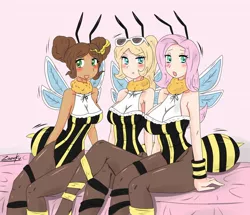Size: 1866x1607 | Tagged: suggestive, artist:ciriliko, derpibooru import, fluttershy, human, animal costume, antennae, bare shoulders, bee costume, blushing, breasts, bumblebee (dc), busty fluttershy, chloe bourgeois, clothes, costume, crossover, cuffs (clothes), embarrassed, female, females only, final fantasy, final fantasy vii, humanized, image, jpeg, leotard, miraculous ladybug, pantyhose, sideboob, sleeveless, socks, stockings, stupid sexy fluttershy, thigh highs, wings