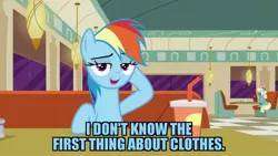 Size: 1024x576 | Tagged: safe, derpibooru import, screencap, honey curls, mare e. lynn, rainbow dash, pony, the saddle row review, image, jpeg, meme, we don't normally wear clothes