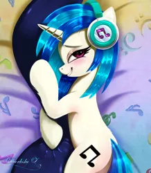 Size: 1772x2029 | Tagged: safe, alternate version, artist:darksly, derpibooru import, vinyl scratch, pony, unicorn, bedroom eyes, blushing, body pillow, body pillow design, cute, female, grin, headphones, image, jpeg, mare, pillow, smiling, solo, vinylbetes