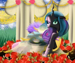 Size: 4500x3761 | Tagged: safe, artist:lincolnbrewsterfan, derpibooru import, princess cadance, queen chrysalis, changeling, changeling queen, a canterlot wedding, alicorn wings, anniversary, anniversary art, bedroom eyes, canopy, canterlot wedding 10th anniversary, changeling wings, cheeselegs, clothes, cobblestone street, colored eyebrows, commission, coronation, curly hair, curved horn, decoration, disguise, disguised changeling, dress, duality, evil grin, evil smirk, fake cadance, feather, feathered wings, female, floppy ears, flower, former queen chrysalis, garden, gold, gradient hair, gradient hooves, gradient mane, grass, green eyes, grin, hair, heterochromia, hole, horn, image, lidded eyes, lineless, looking at you, loose hair, marriage, multicolored hair, multicolored mane, multicolored tail, outdoors, pillar, png, purple eyes, raised eyebrow, raised hoof, raised leg, red, ribbon, rose, schadenfreude, see-through, see-through skirt, skirt, smiling, smiling at you, snout, staring at you, tail, translucent, transparent, transparent wings, two sides, walkway, wedding, wedding dress, wings