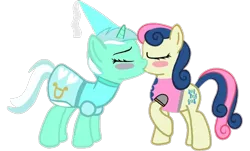 Size: 704x426 | Tagged: safe, artist:darlycatmake, derpibooru import, bon bon, lyra heartstrings, sweetie drops, earth pony, pony, unicorn, blushing, eyes closed, female, happy, hennin, image, kissing, knight, knight rescues the princess, lesbian, lyrabon, png, princess, shipping