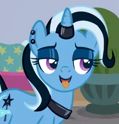 Size: 625x651 | Tagged: suggestive, artist:anonymous, derpibooru import, edit, edited edit, edited screencap, screencap, trixie, pony, unicorn, a horse shoe-in, altered cutie mark, bedroom eyes, cropped, derpibooru exclusive, dyed mane, dyed tail, ear piercing, eyeshadow, female, goth, horn, horn ring, image, jewelry, lidded eyes, lipstick, makeup, mare, open mouth, open smile, piercing, png, ring, smiling, solo, tail, tongue out