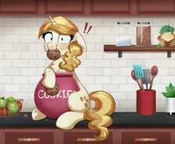 Size: 4000x3298 | Tagged: safe, alternate version, artist:confetticakez, derpibooru import, sweet biscuit, pony, unicorn, !!!, apple, blushing, caught, chest fluff, cookie, cookie jar, cookie thief, cute, eating, exclamation point, female, floppy ears, food, image, jar, jpeg, kitchen, looking at you, mare, solo, spatula, spoon