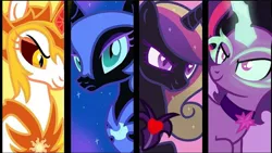 Size: 1080x610 | Tagged: editor needed, source needed, safe, artist:neodarkwing, derpibooru import, edit, daybreaker, nightmare moon, princess cadance, princess celestia, princess luna, twilight sparkle, twilight sparkle (alicorn), alicorn, pony, equestria girls, alicorn tetrarchy, corrupted, evil, evil sisters, g4, glow, glowing horn, horn, image, mane of fire, midnight sparkle, nightmare cadance, nightmare heart, nightmarified, png, show accurate, wings