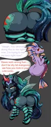 Size: 2000x5000 | Tagged: suggestive, artist:undeadcashew, author:bigonionbean, derpibooru import, adagio dazzle, aria blaze, king sombra, nightmare moon, queen chrysalis, sonata dusk, oc, oc:empress sacer malum, oc:melicus ostium, unofficial characters only, changeling, changeling queen, pony, unicorn, 2 panel comic, blushing, butt, changeling oc, clothes, comic, commissioner:bigonionbean, crown, cute, cutie mark, dialogue, eating, embarrassed, ethereal mane, ethereal tail, featureless crotch, female, flank, food, fusion, fusion:empress sacer malum, fusion:melicus ostium, herbivore, horn, huge butt, image, jewelry, large butt, levitation, looking at you, looking back, looking back at you, magic, mare, not an alicorn, plot, png, queen umbra, regalia, rule 63, shocked, socks, solo, striped socks, taco, tail, telekinesis, the ass was fat, the dazzlings, wings
