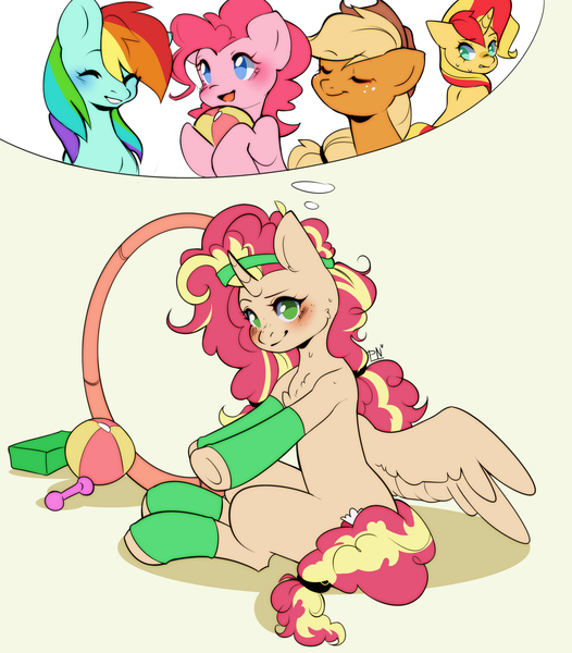 Size: 2628x3000 | Tagged: safe, artist:pledus, derpibooru import, applejack, pinkie pie, rainbow dash, sunset shimmer, oc, oc:queen motherly morning, alicorn, earth pony, pegasus, pony, unicorn, alicorn oc, ball, blushing, clothes, cowboy hat, cutie mark, female, fusion, fusion:queen motherly morning, hat, headband, horn, image, loop-de-hoop, png, socks, spread wings, stetson, sweat, thought bubble, weights, wings