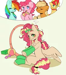 Size: 2628x3000 | Tagged: safe, artist:pledus, derpibooru import, applejack, pinkie pie, rainbow dash, sunset shimmer, oc, oc:queen motherly morning, alicorn, earth pony, pegasus, pony, unicorn, alicorn oc, ball, blushing, clothes, cowboy hat, cutie mark, female, fusion, fusion:queen motherly morning, hat, headband, horn, image, loop-de-hoop, png, socks, spread wings, stetson, sweat, thought bubble, weights, wings