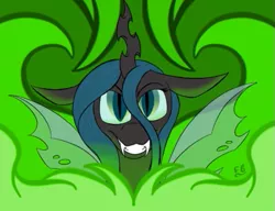 Size: 521x401 | Tagged: safe, artist:feather_bloom, derpibooru import, queen chrysalis, changeling, changeling queen, canterlot wedding 10th anniversary, changeling wings, detailed background, evil grin, fangs, female, fire, green eyes, green fire, grin, image, laughing, old art, png, smiling, symmetrical, teeth, wings