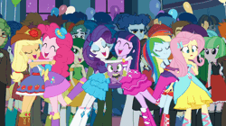 Size: 600x336 | Tagged: safe, derpibooru import, screencap, applejack, curly winds, fluttershy, pinkie pie, rainbow dash, rarity, sandalwood, sci-twi, some blue guy, spike, twilight sparkle, wiz kid, dog, equestria girls, equestria girls (movie), ^^, animated, balloon, bare shoulders, boots, bracelet, clothes, cowboy boots, cowboy hat, eyes closed, female, fingerless gloves, gif, gloves, hairpin, hat, hug, humane five, humane six, image, jewelry, male, mane seven, mane six, open mouth, open smile, shoes, sleeveless, smiling, spike the dog, strapless, twilight ball dress