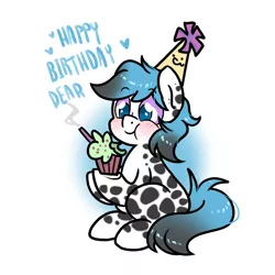 Size: 1000x1000 | Tagged: safe, artist:paperbagpony, derpibooru import, oc, oc:dot, candle, cupcake, eating, food, happy birthday, hat, image, party hat, png, simple background, white background