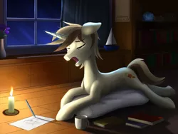 Size: 3000x2250 | Tagged: safe, artist:dash wang, derpibooru import, oc, oc:cream brun, unicorn, book, bookshelf, candle, cup, drawing, flower, image, male, png, sleepy