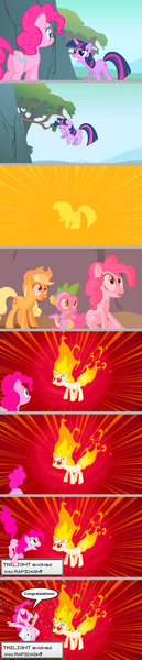 Size: 1136x5267 | Tagged: safe, artist:silverbuller, derpibooru import, edit, edited screencap, screencap, applejack, spike, twilight sparkle, dragon, earth pony, pony, unicorn, feeling pinkie keen, angry, comic, female, image, jpeg, male, mane of fire, mare, pokémon, rapidash twilight, screencap comic, unicorn twilight