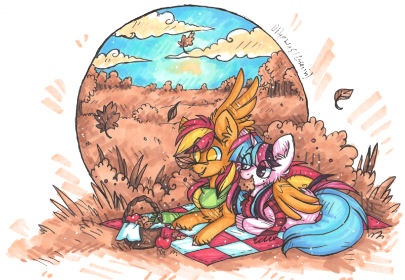 Size: 1704x1181 | Tagged: safe, artist:tayga-niko-j, derpibooru import, oc, unofficial characters only, pegasus, pony, apple, basket, clothes, duo, ear fluff, eye clipping through hair, food, image, lying down, mouth hold, outdoors, pegasus oc, picnic, picnic basket, picnic blanket, png, prone, scarf, simple background, transparent background, wings