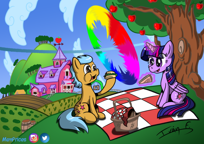 Size: 3508x2481 | Tagged: safe, artist:memprices, derpibooru import, twilight sparkle, twilight sparkle (alicorn), oc, oc:hope dusk, alicorn, earth pony, pony, apple, apple tree, barn, basket, burger, comic style, commission, complex background, date, earth pony oc, eating, food, having fun, hay burger, high res, image, magic, munching, picnic, picnic basket, picnic blanket, png, sandwich, shading, signature, sitting, social media, sonic rainboom, sweet apple acres, talking, tree