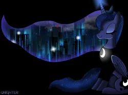 Size: 2650x1974 | Tagged: safe, artist:qnighter, derpibooru import, princess luna, alicorn, pony, building, clothes, cloud, crown, ethereal mane, eyes closed, female, glowing horn, horn, image, jewelry, lights, long sleeves, magic, majestic as fuck, mare, moon, new york city, night, png, regalia, shirt, sitting, solo, starry mane, stars