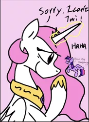 Size: 1002x1366 | Tagged: safe, artist:twiliset, derpibooru import, princess celestia, twilight sparkle, twilight sparkle (alicorn), alicorn, pony, angery, dialogue, flying, image, jpeg, lightning, smiling, tiny, tiny ponies, younger