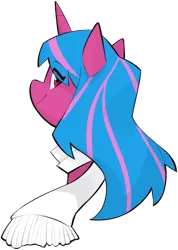 Size: 1015x1426 | Tagged: safe, artist:dar, derpibooru import, oc, oc:echo shade, unofficial characters only, unicorn, fanfic:song of seven, blue mane, clothes, horn, image, looking at you, over the shoulder, png, scarf, striped mane, two toned mane, unicorn oc