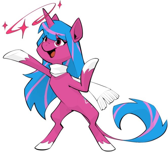 Size: 1769x1602 | Tagged: safe, artist:dar, derpibooru import, oc, oc:echo shade, unofficial characters only, unicorn, fanfic:song of seven, bipedal, clothes, horn, image, leonine tail, magic, performance, png, scarf, smiling, sparkles, tail, unicorn oc