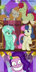 Size: 500x990 | Tagged: safe, derpibooru import, edit, edited screencap, screencap, bon bon, bright mac, lyra heartstrings, pear butter, pipp petals, sweetie drops, earth pony, pegasus, pony, unicorn, g5, mane melody, my little pony: tell your tale, slice of life (episode), the perfect pear, spoiler:g5, spoiler:my little pony: tell your tale, spoiler:tyts01e05, brightbutter, female, gritted teeth, hat, image, jpeg, lesbian, lidded eyes, looking at each other, looking at someone, lyrabon, male, mare, mare in the moon, meme, moon, pippamena, raised hoof, shipping, stallion, straight, teeth, text