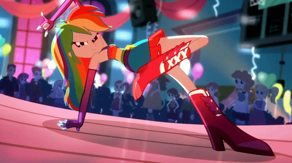 Size: 600x336 | Tagged: safe, derpibooru import, screencap, aqua blossom, blueberry cake, cloudy kicks, golden hazel, heath burns, indigo wreath, mystery mint, nolan north, rainbow dash, rose heart, teddy t. touchdown, eqg summertime shorts, equestria girls, raise this roof, animated, armpits, balloon, belt, boots, breakdancing, breasts, canterlot high, clothes, cutie mark, cutie mark on clothes, dance floor, dancing, devil horn (gesture), eyes closed, faic, fall formal outfits, female, fingerless gloves, gif, gloves, image, male, rainbow dash is best facemaker, shoes, skirt, sleeveless, smiling, smirk, smug, smugdash, solo focus, speaker, spinning