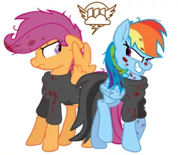 Size: 598x522 | Tagged: semi-grimdark, alternate version, artist:taeko, derpibooru import, rainbow dash, scootaloo, pegasus, pony, fanfic:rainbow factory, absentia, alternate hairstyle, blood, blood splatter, derpibooru exclusive, duo, evil, evil grin, evil scootaloo, factory scootaloo, fanfic art, female, folded wings, frown, good end?, grin, image, looking at each other, looking at someone, messy mane, messy tail, older, pegasus device, png, rainbow factory dash, rainbow factory logo, simple background, smiling, spread wings, tail, white background, wings