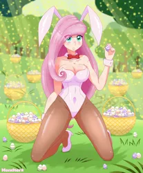 Size: 1940x2344 | Tagged: suggestive, artist:morestar, artist:モアスター, derpibooru import, fluttershy, bat pony, human, :o, basket, bat ponified, big breasts, blushing, breasts, bunny ears, bunny suit, busty fluttershy, cleavage, clothes, cuffs (clothes), easter, easter basket, easter egg, egg, female, flutterbat, forest, high heels, holiday, humanized, image, kneeling, leotard, looking at you, open mouth, pantyhose, playboy bunny, png, race swap, ribbon, shoes, solo, solo female, tree