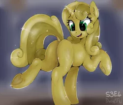Size: 3000x2562 | Tagged: suggestive, alternate version, artist:dosh, derpibooru import, sweetie belle, pony, unicorn, series:dosh's mare-a-thon, one bad apple, bodypaint, butt, dock, female, frog (hoof), gold, high res, image, looking back, luster dust, mare, older, older sweetie belle, open mouth, open smile, plot, png, smiling, solo, solo female, tail, underhoof