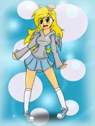 Size: 600x800 | Tagged: safe, artist:darkdreamingblossom, derpibooru import, derpy hooves, human, clothes, female, food, humanized, image, muffin, png, shoes, skirt, socks, solo, winged humanization, wings