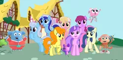 Size: 1777x867 | Tagged: safe, artist:julie56, derpibooru import, edit, amethyst star, berry punch, berryshine, bon bon, carrot top, golden harvest, lily, lily valley, linky, minuette, shoeshine, sweetie drops, cat, earth pony, elephant, monkey, mouse, pony, unicorn, adorabon, awwmethyst star, background pony, berrybetes, buddies, chico bon bon, chico bon bon: monkey with a tool belt, clark the elephant, crossover, cute, cutie top, female, image, lilybetes, linkybetes, male, mare, minubetes, namesake, png, ponyville, pun, rainbow thunder, tiny (chico bon bon: monkey with a tool belt), visual pun