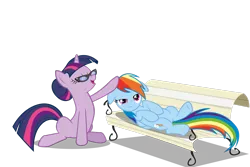 Size: 3000x2000 | Tagged: safe, artist:arvyr, derpibooru import, rainbow dash, twilight sparkle, pegasus, pony, unicorn, lesson zero, season 2, bench, duo, female, glasses, image, lying down, mare, on back, png, simple background, transparent background, unicorn twilight, vector