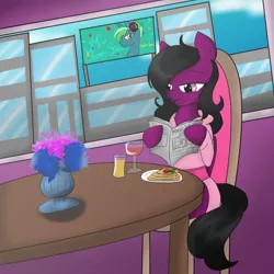 Size: 800x800 | Tagged: safe, artist:darkdreamingblossom, derpibooru import, oc, oc:sweetheart pop, unofficial characters only, earth pony, pony, bathrobe, clothes, earth pony oc, female, food, image, newspaper, pancakes, png, robe, solo