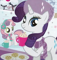 Size: 443x472 | Tagged: safe, derpibooru import, official, rarity, sweetie belle, chocolate, clothes, cookie, cup, duo, duo female, earmuffs, female, food, fur hat, g4, hat, holding, hot chocolate, image, outdoors, png, scarf, siblings, sisters, snow, snowflake, striped scarf, winter, winter outfit