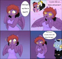 Size: 1900x1800 | Tagged: safe, artist:darkdreamingblossom, derpibooru import, oc, oc:dark dreaming blossom, oc:zoa, unofficial characters only, anthro, pegasus, anthro oc, breasts, cleavage, comic, female, image, pegasus oc, png, speech bubble, wings