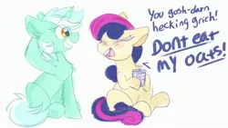 Size: 3840x2160 | Tagged: safe, artist:littleblackraencloud, derpibooru import, bon bon, lyra heartstrings, sweetie drops, earth pony, pony, unicorn, angry, arm behind head, bon bon is not amused, duo, expensive imported oats, eyes closed, food, grin, image, jpeg, l.u.l.s., oats, simple background, smiling, unamused, white background